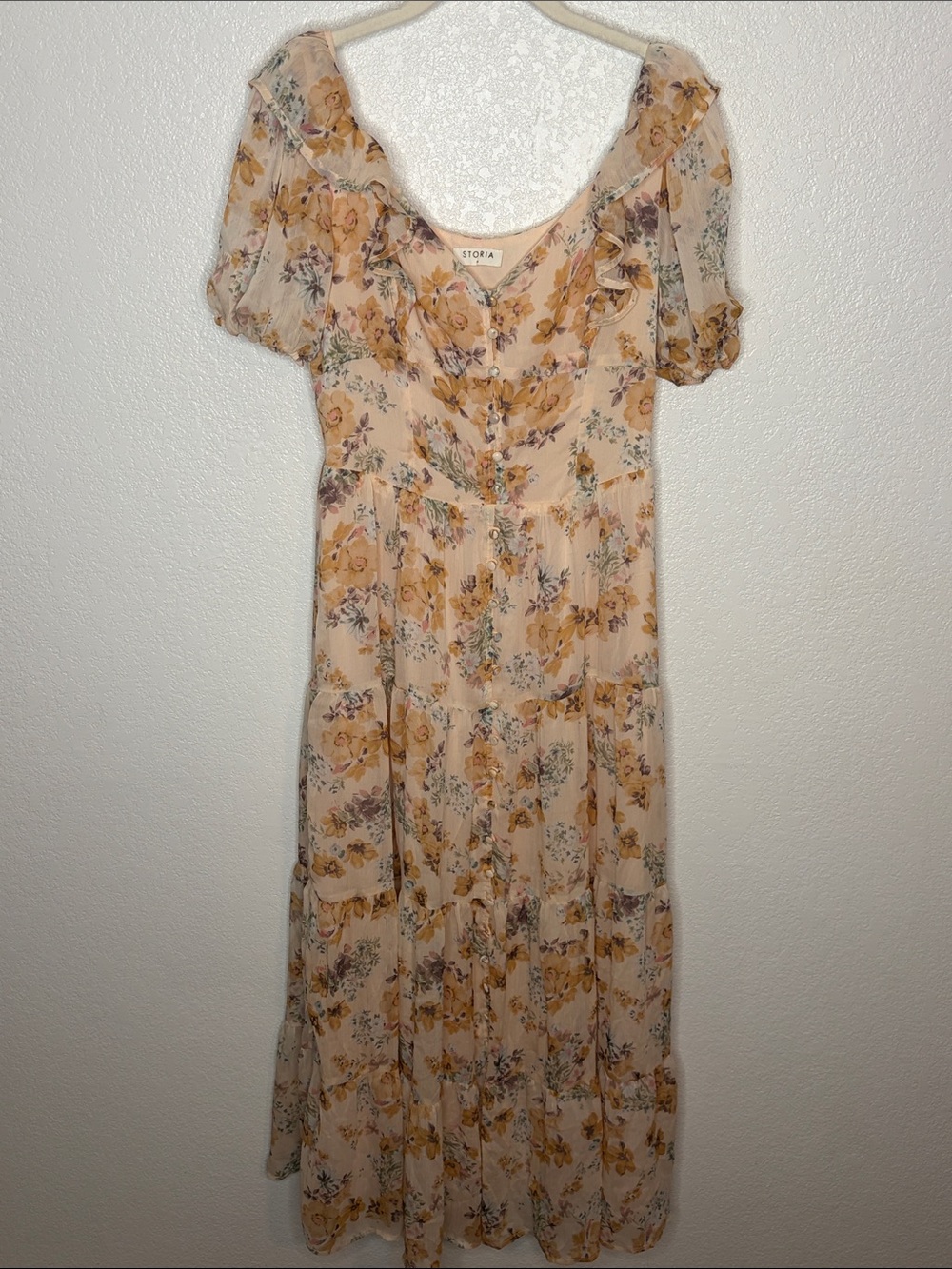 Storia Peach Floral Button Down Ruffle Tiered Maxi Dress Puff Sleeves Size Med